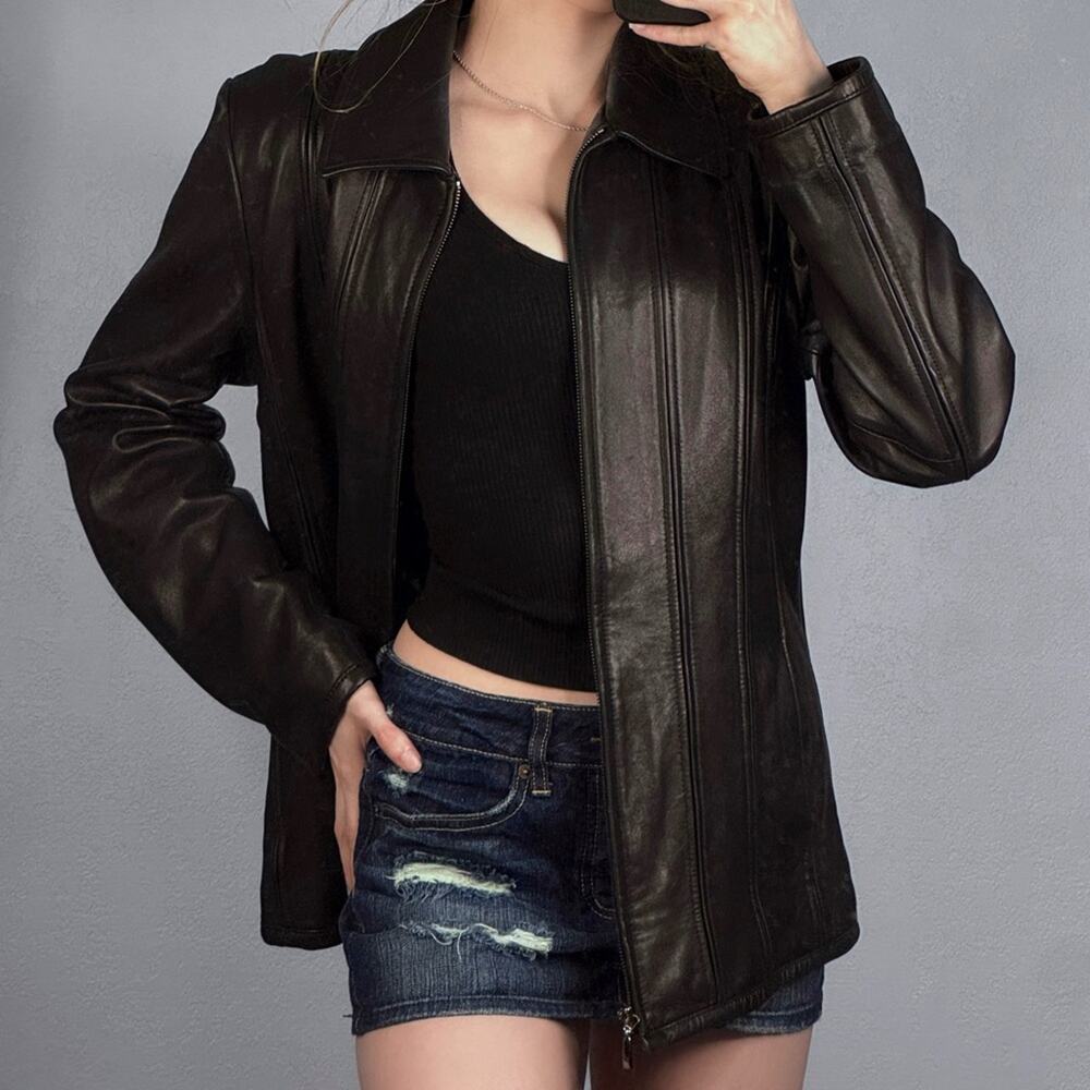 Vintage 90s Y2K Black Leather Jacket Zip Front Minimalist Liz Claiborne Medium